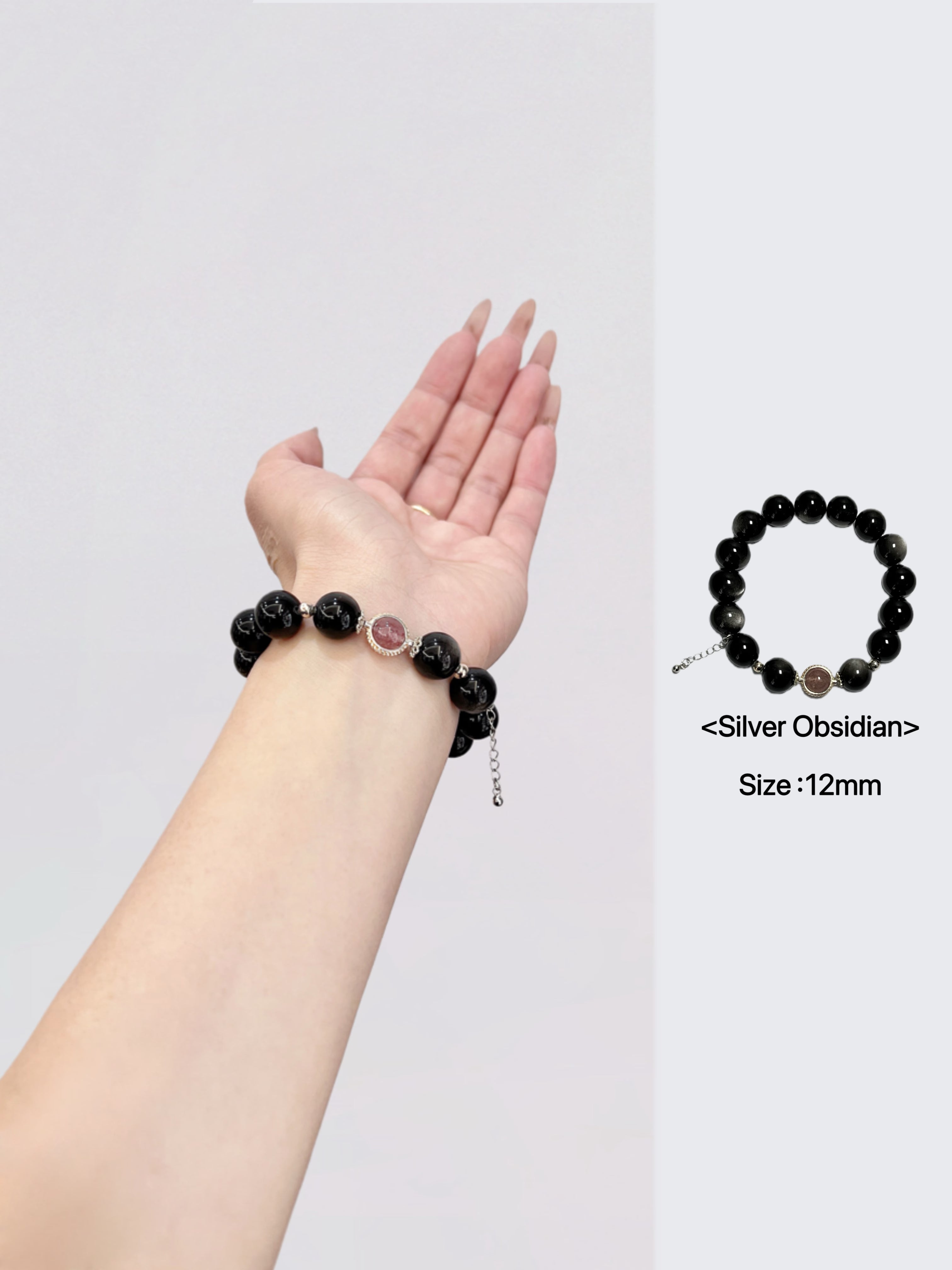 Bracelet en argent sterling, quartz fraise et obsidienne