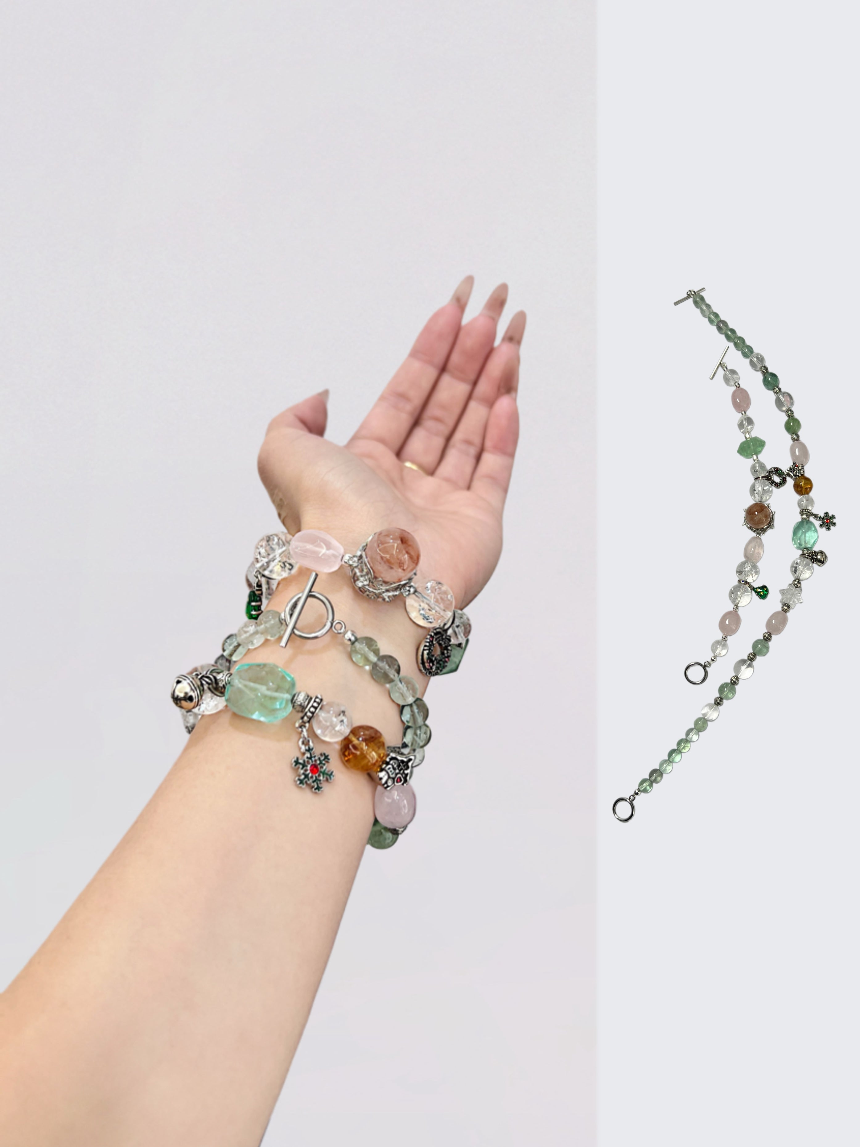 크리스마스 커플 팔찌: 로즈 쿼츠 & 그린 플루오라이트 홀리데이 참 세트