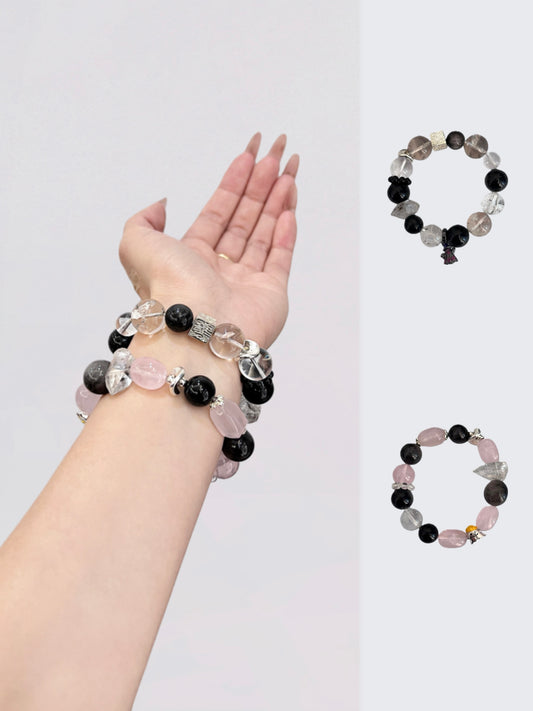 Bracelets fantômes pour couple (lui et elle) - Ensemble de 2 pièces avec obsidienne noire et quartz rose, bijoux assortis pour Halloween