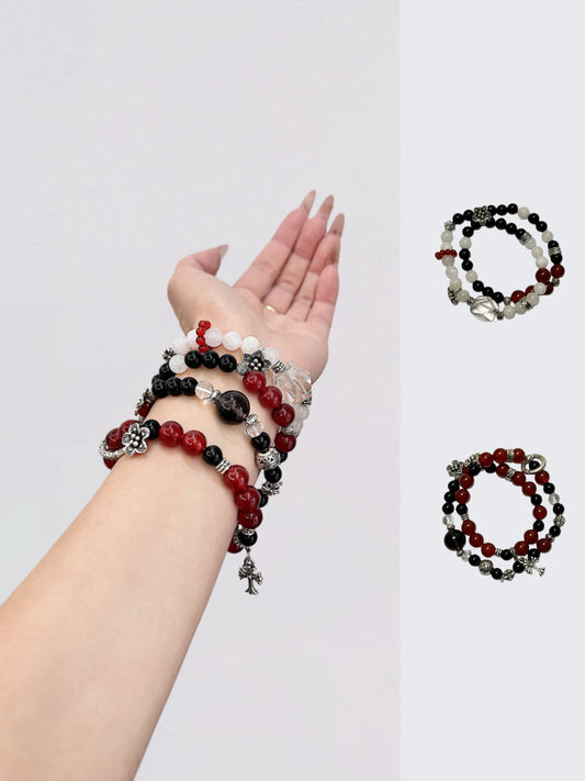 Bracelets assortis pour couple, à plusieurs tours, ornés d'agate rouge et de plumes argentées - Un cadeau unique