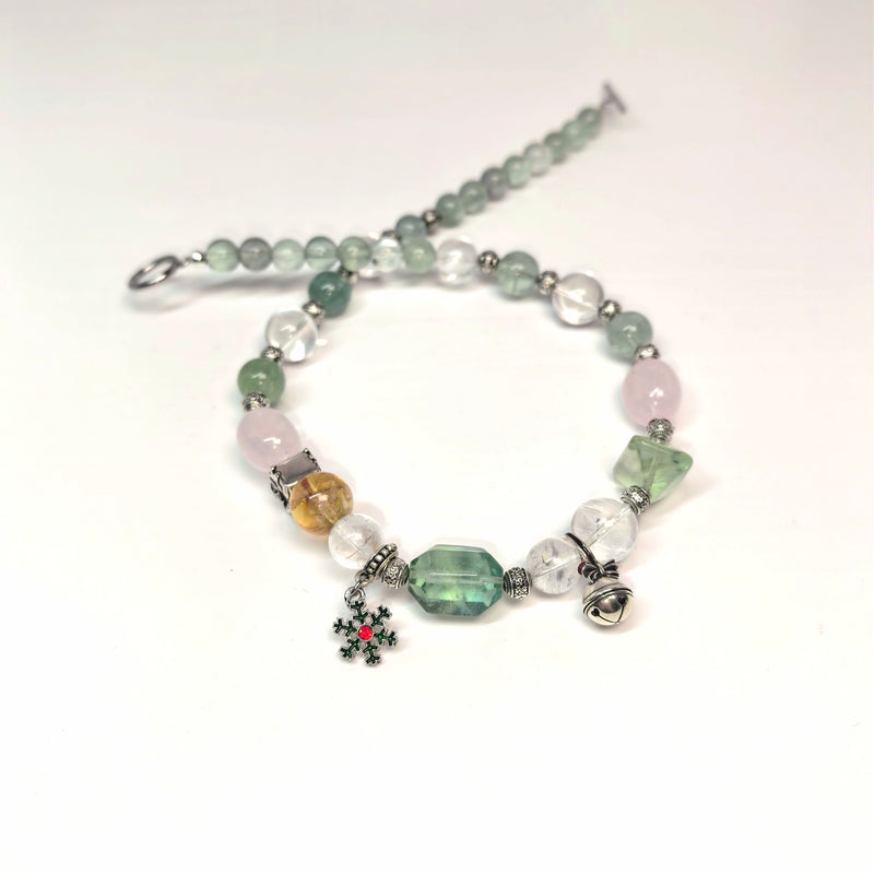 Christmas Couple Bracelets: Rose Quartz & Green Fluorite Set with Holiday Charms