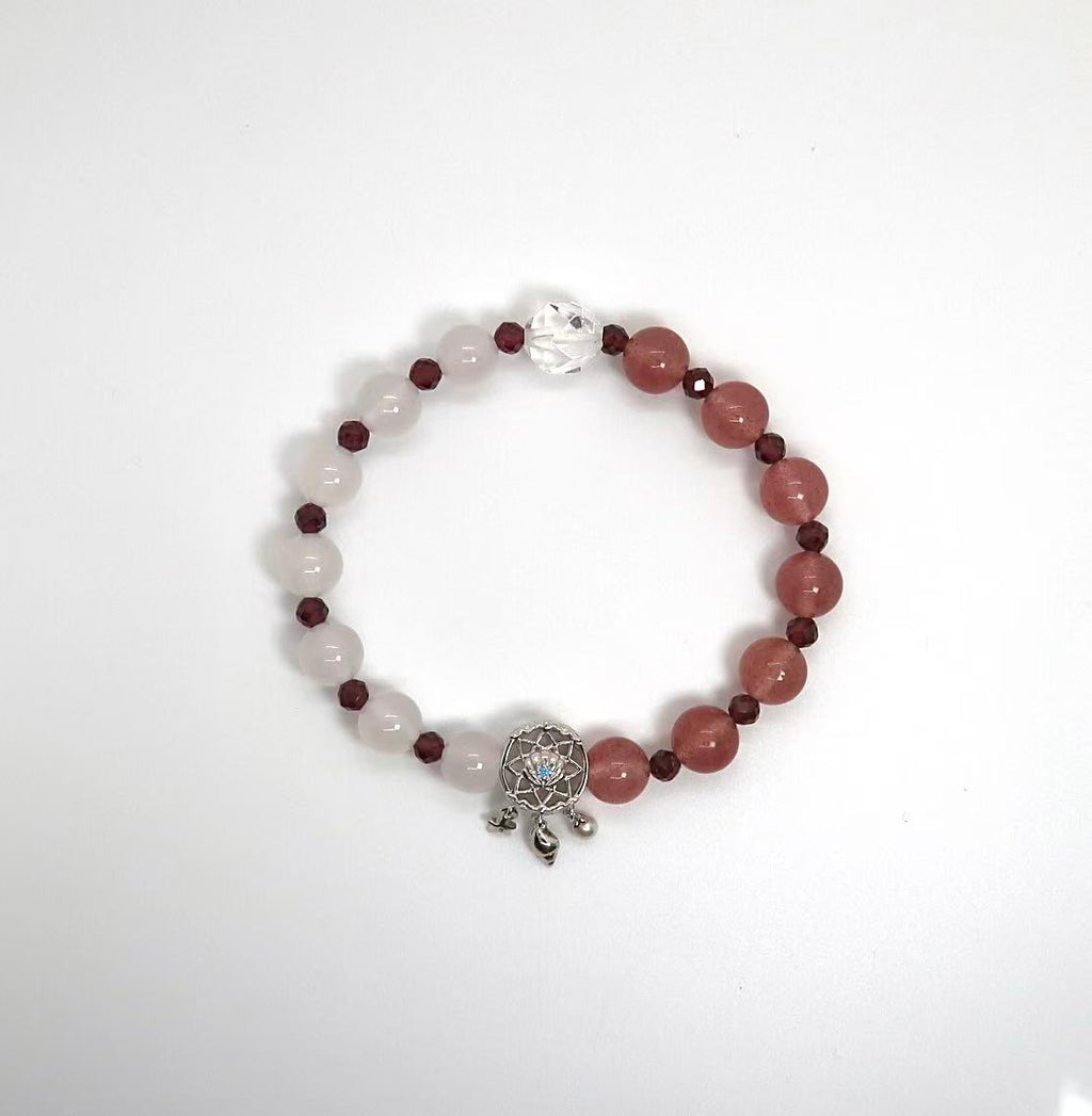 Strawberry Quartz & White Agate Bracelet with Garnet Beads & Silver Dreamcatcher
