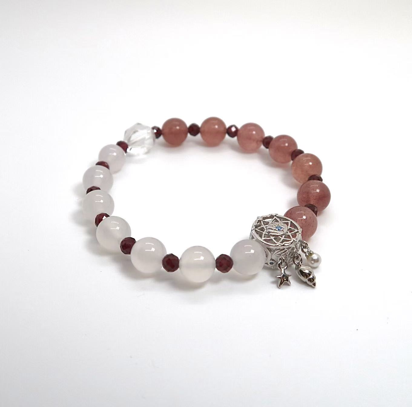 Strawberry Quartz & White Agate Bracelet with Garnet Beads & Silver Dreamcatcher