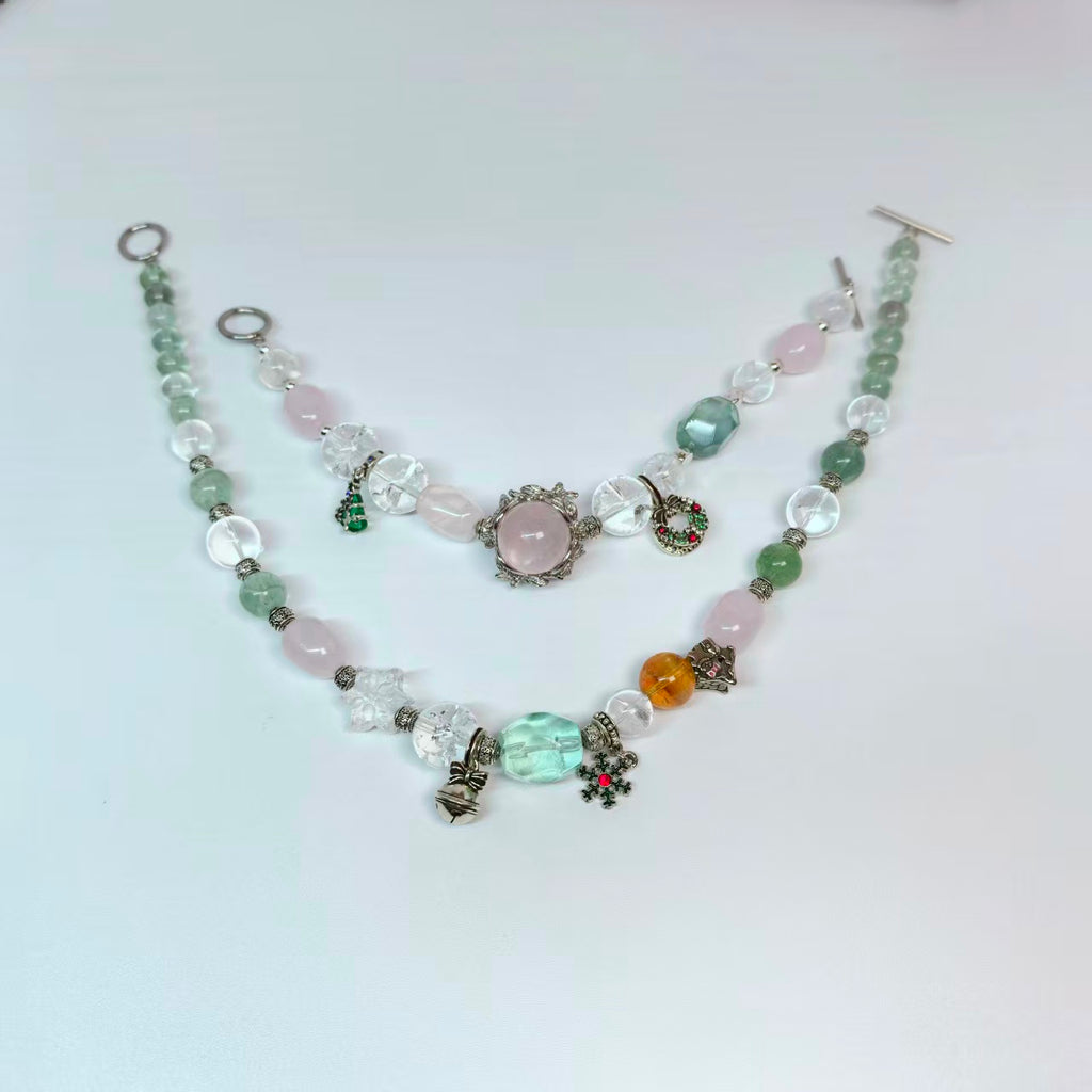 Christmas Couple Bracelets: Rose Quartz & Green Fluorite Set with Holiday Charms