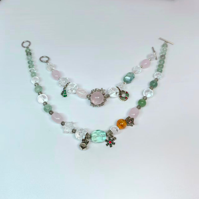 Christmas Couple Bracelets: Rose Quartz & Green Fluorite Set with Holiday Charms