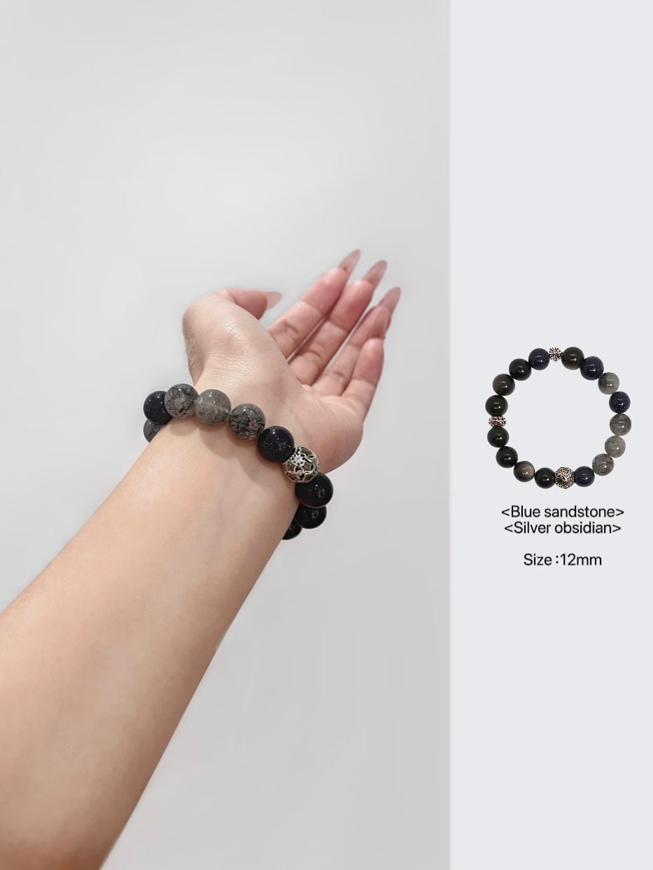 Bracelet en argent sterling avec obsidienne naturelle et quartz rutile noir