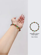 Bracelet fait main en quartz fraise et agate verte avec breloque en forme de gourde argentée