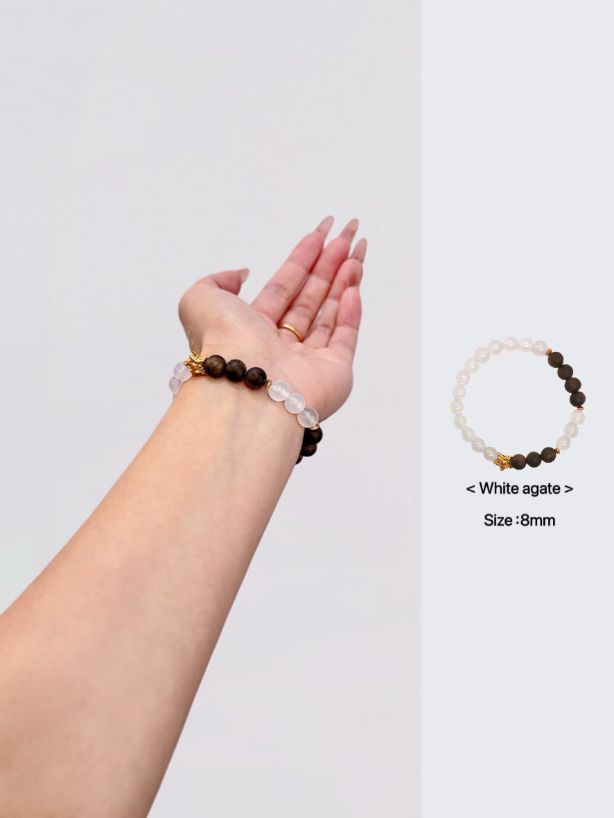 Bracelet en agate blanche naturelle et bois d'agar, argent sterling S925